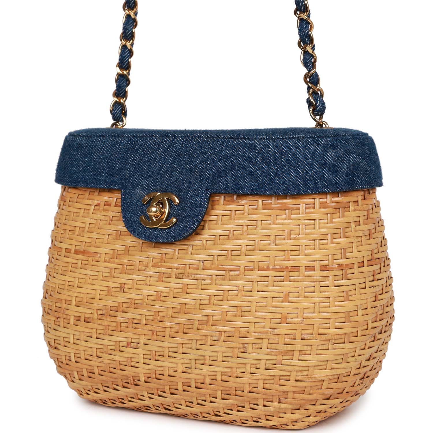Chanel Vintage Basket Bag Denim and Rattan Wicker Gold Hardware