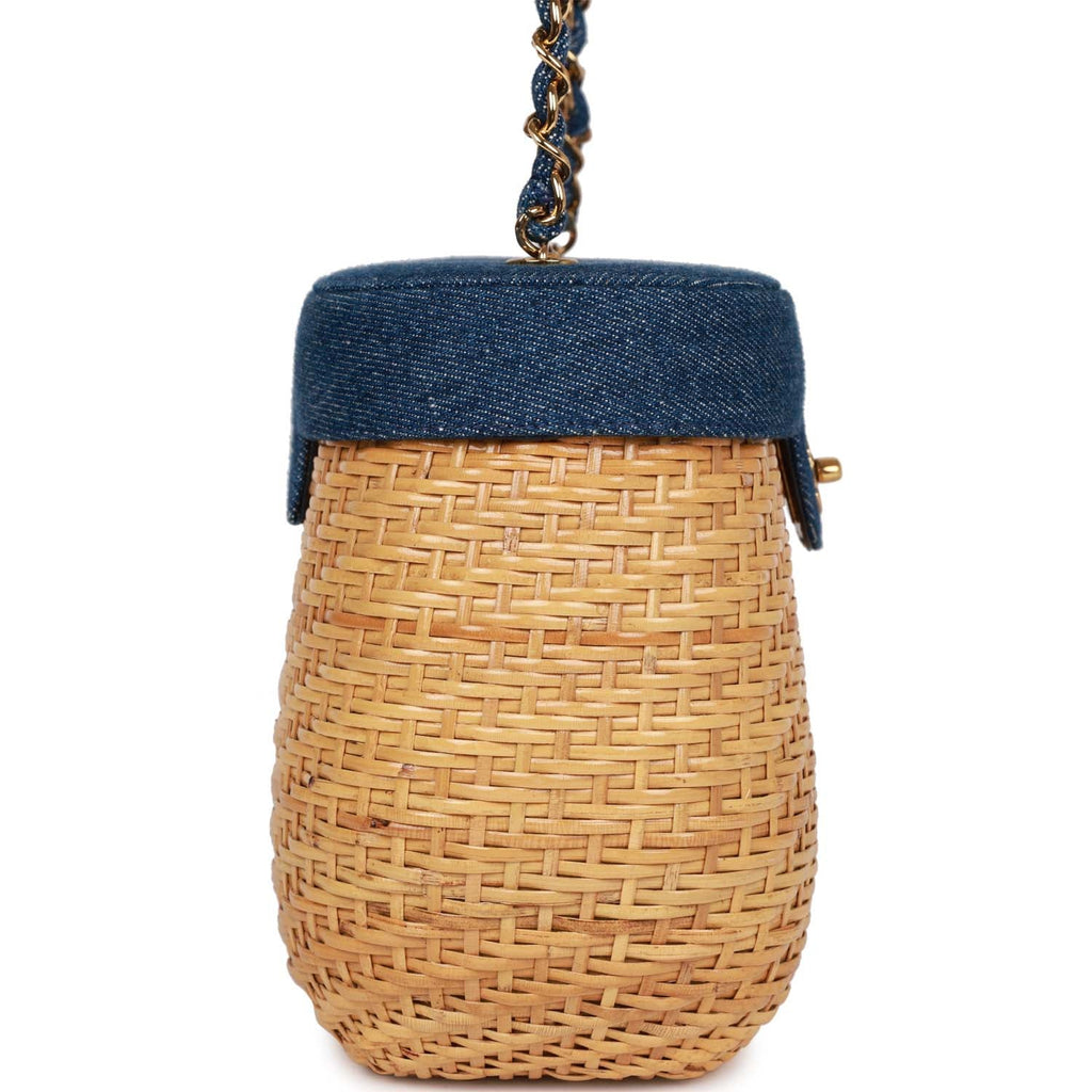 Chanel Vintage Basket Bag Denim and Rattan Wicker Gold Hardware