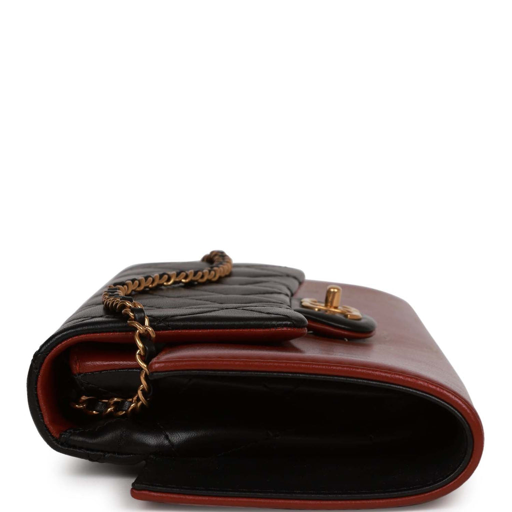 Chanel Classic Flap Gabrielle Brasserie Menu Clutch Burgundy and Black Lambskin Antique Gold Hardware