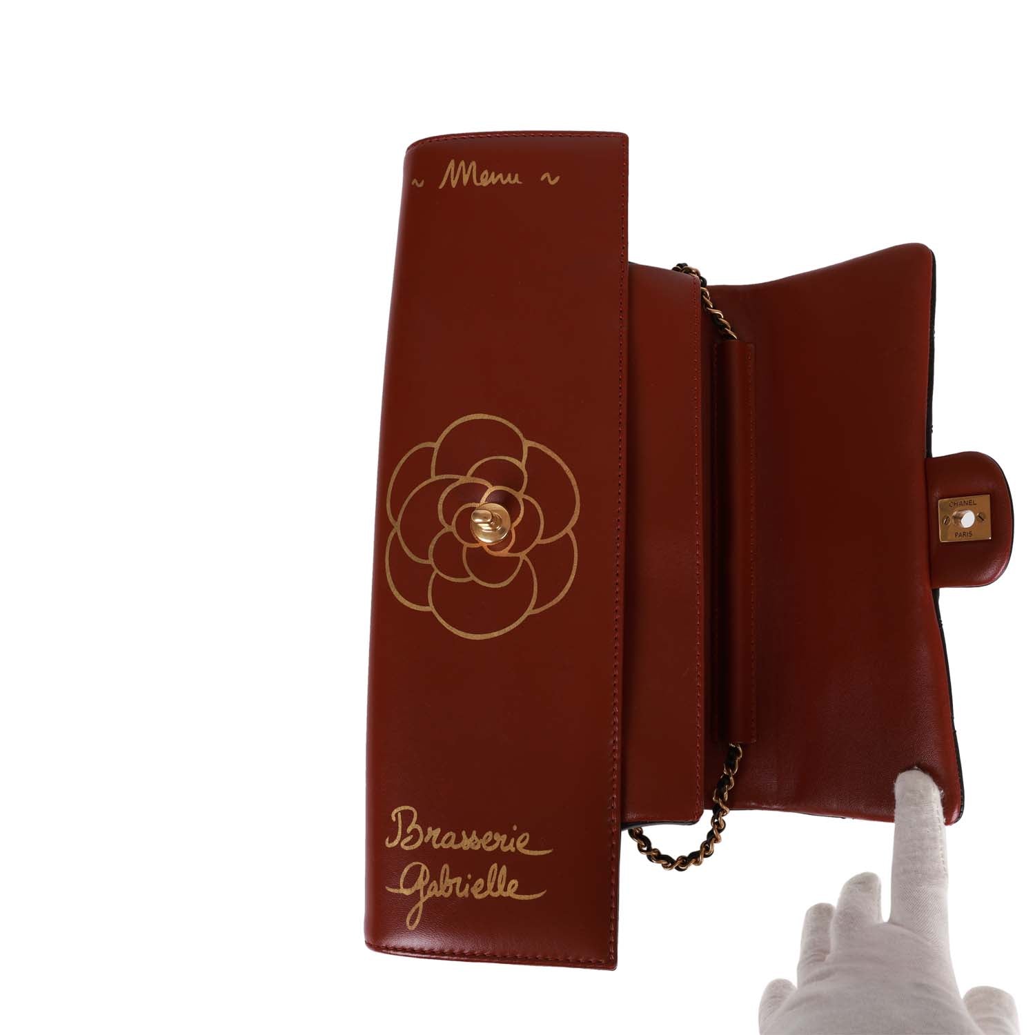 Chanel Classic Flap Gabrielle Brasserie Menu Clutch Burgundy and Black Lambskin Antique Gold Hardware