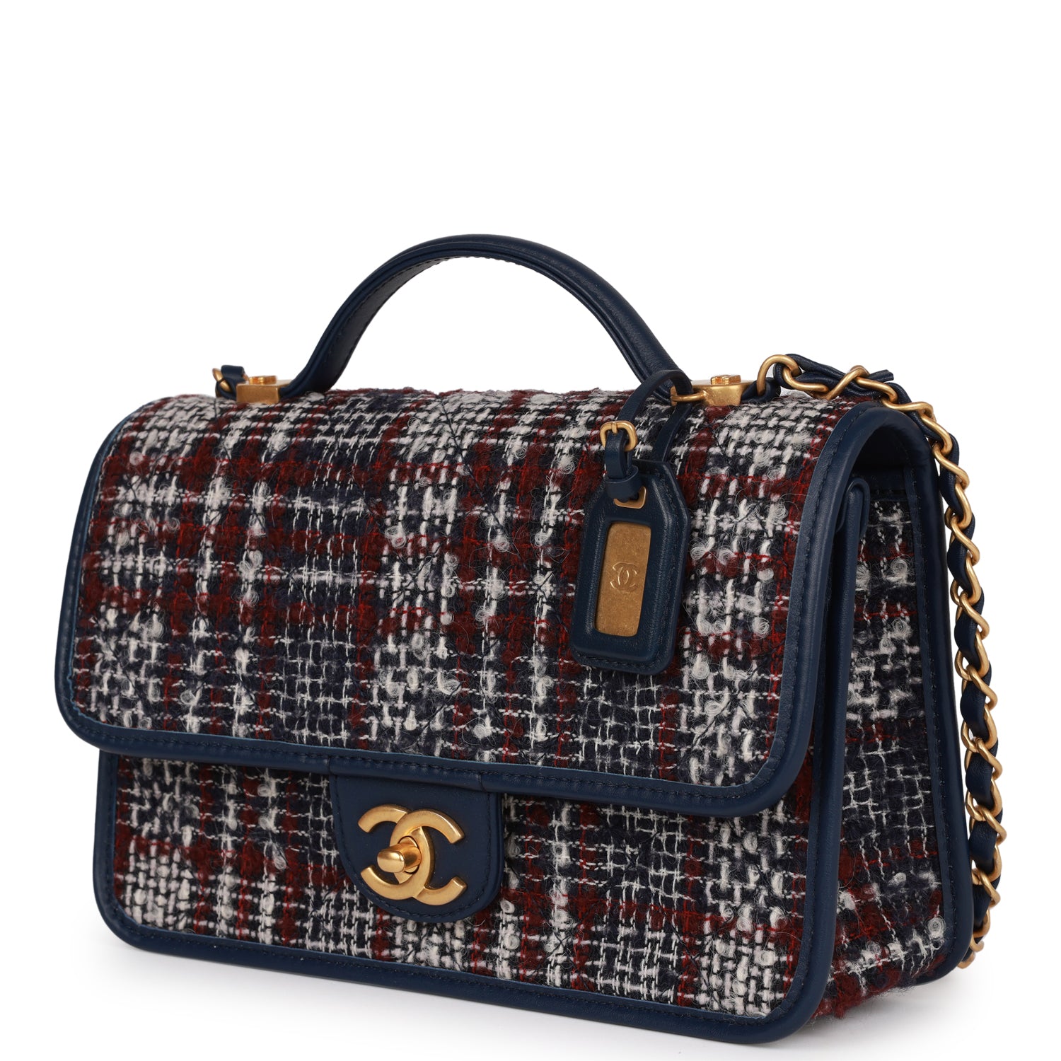 Chanel Medium School Memory Flap Bag with Top Handle Navy Multicolor Tweed Aged Gold Hardware