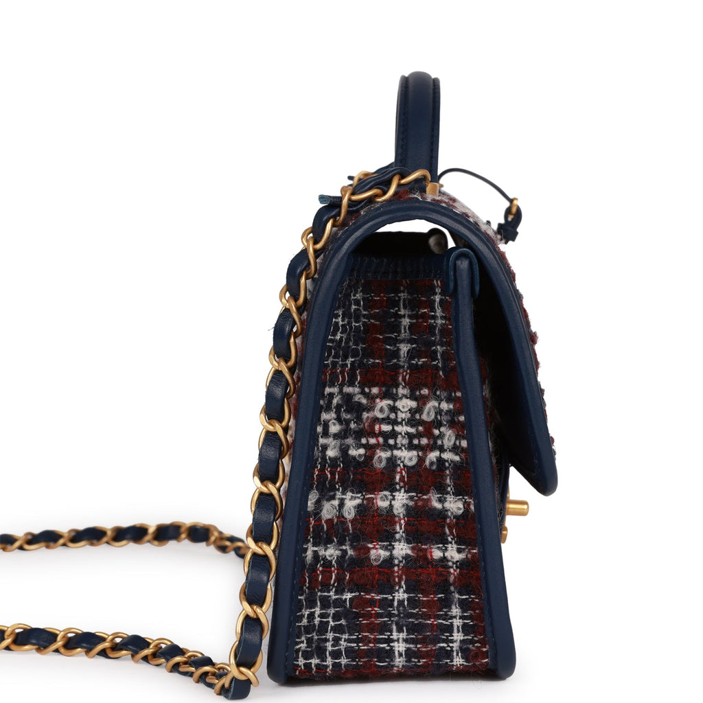 Chanel Medium School Memory Flap Bag with Top Handle Navy Multicolor Tweed Aged Gold Hardware