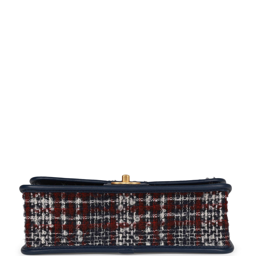 Chanel Medium School Memory Flap Bag with Top Handle Navy Multicolor Tweed Aged Gold Hardware