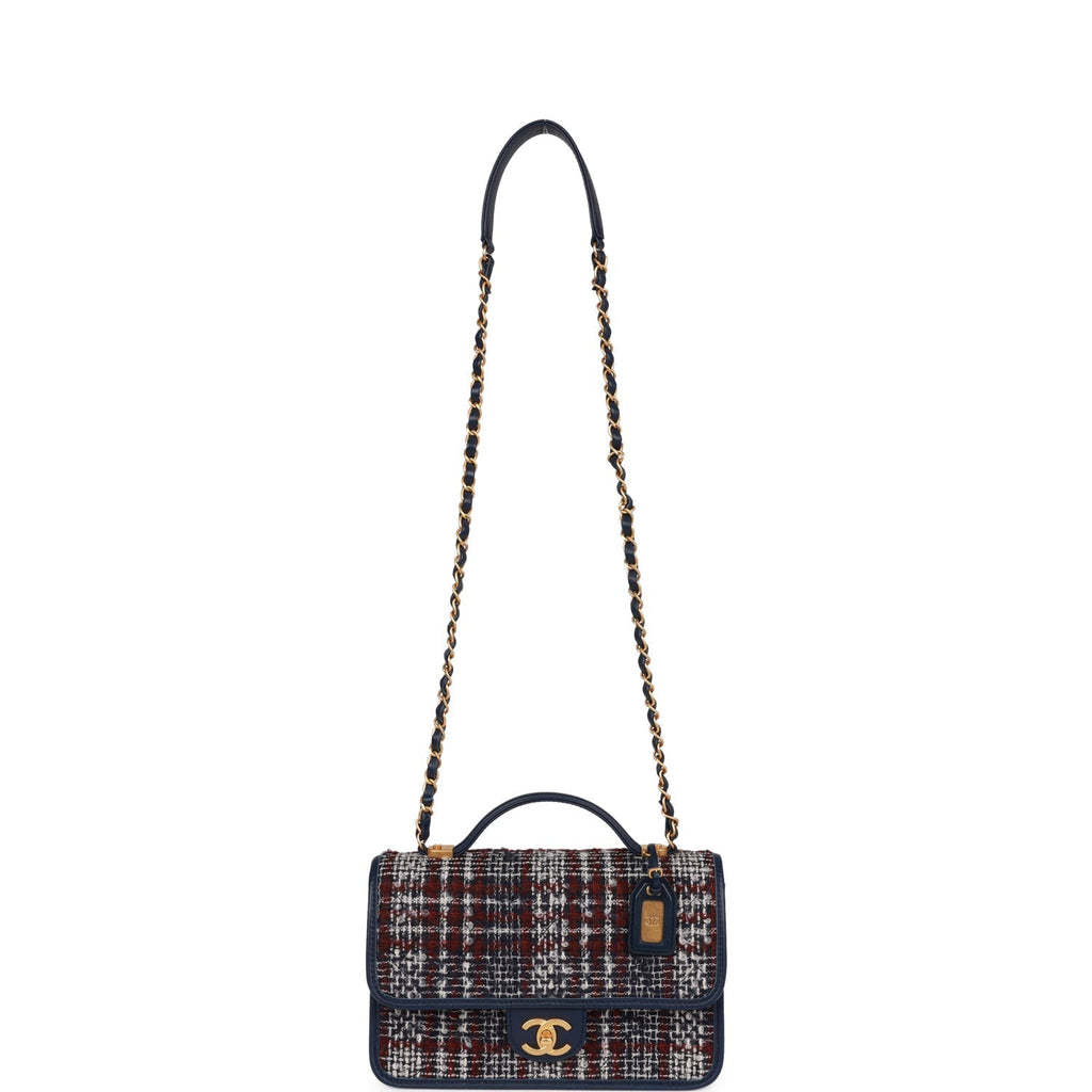 Chanel Medium School Memory Flap Bag with Top Handle Navy Multicolor Tweed Aged Gold Hardware