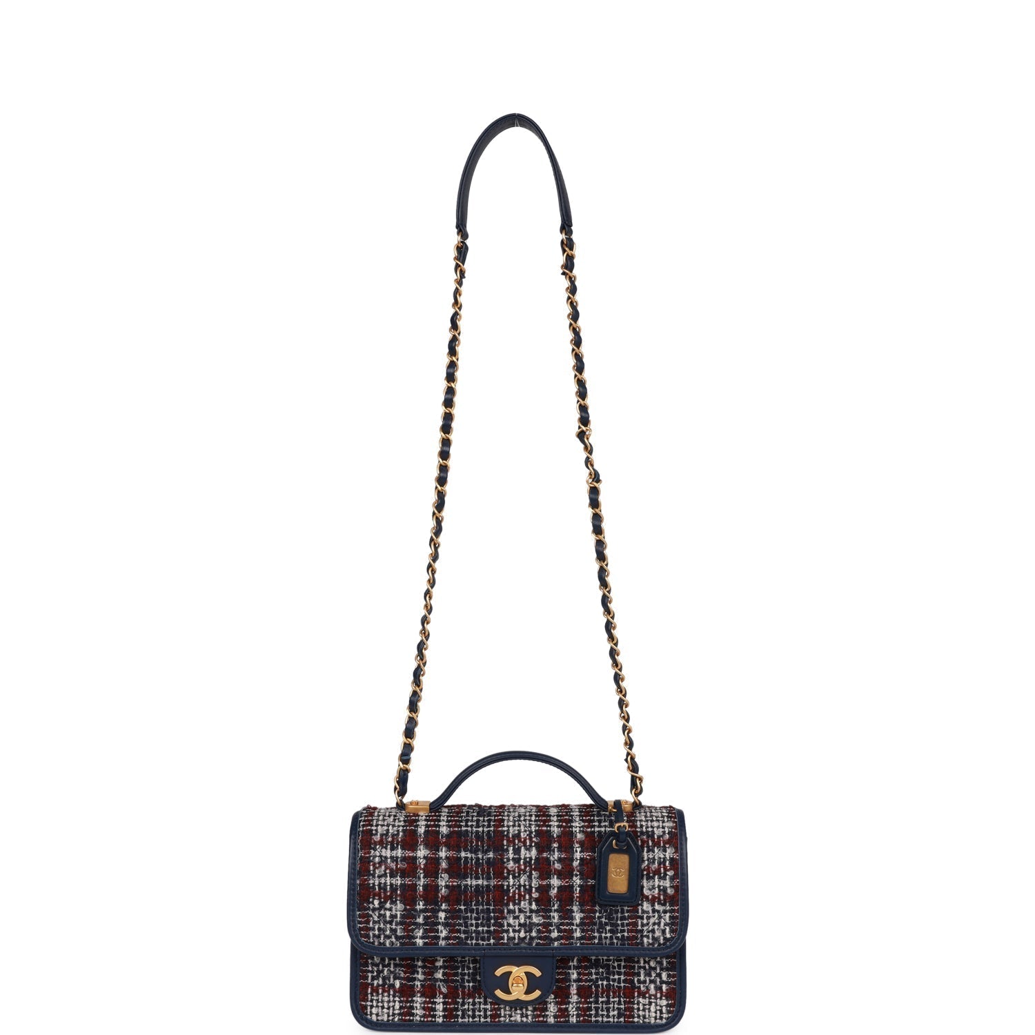 Chanel Medium School Memory Flap Bag with Top Handle Navy Multicolor Tweed Aged Gold Hardware