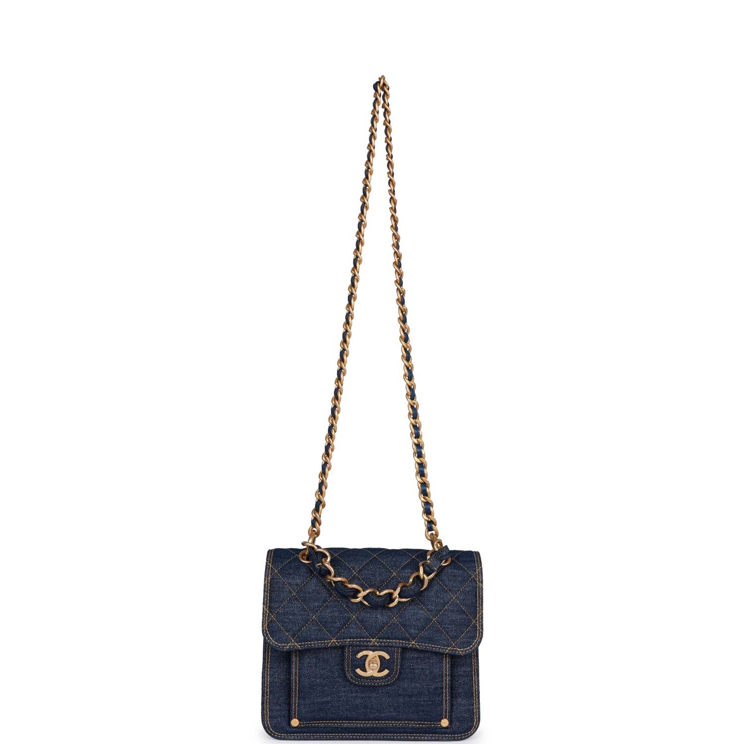 Chanel Square Flap Blue Denim Antique Gold Hardware