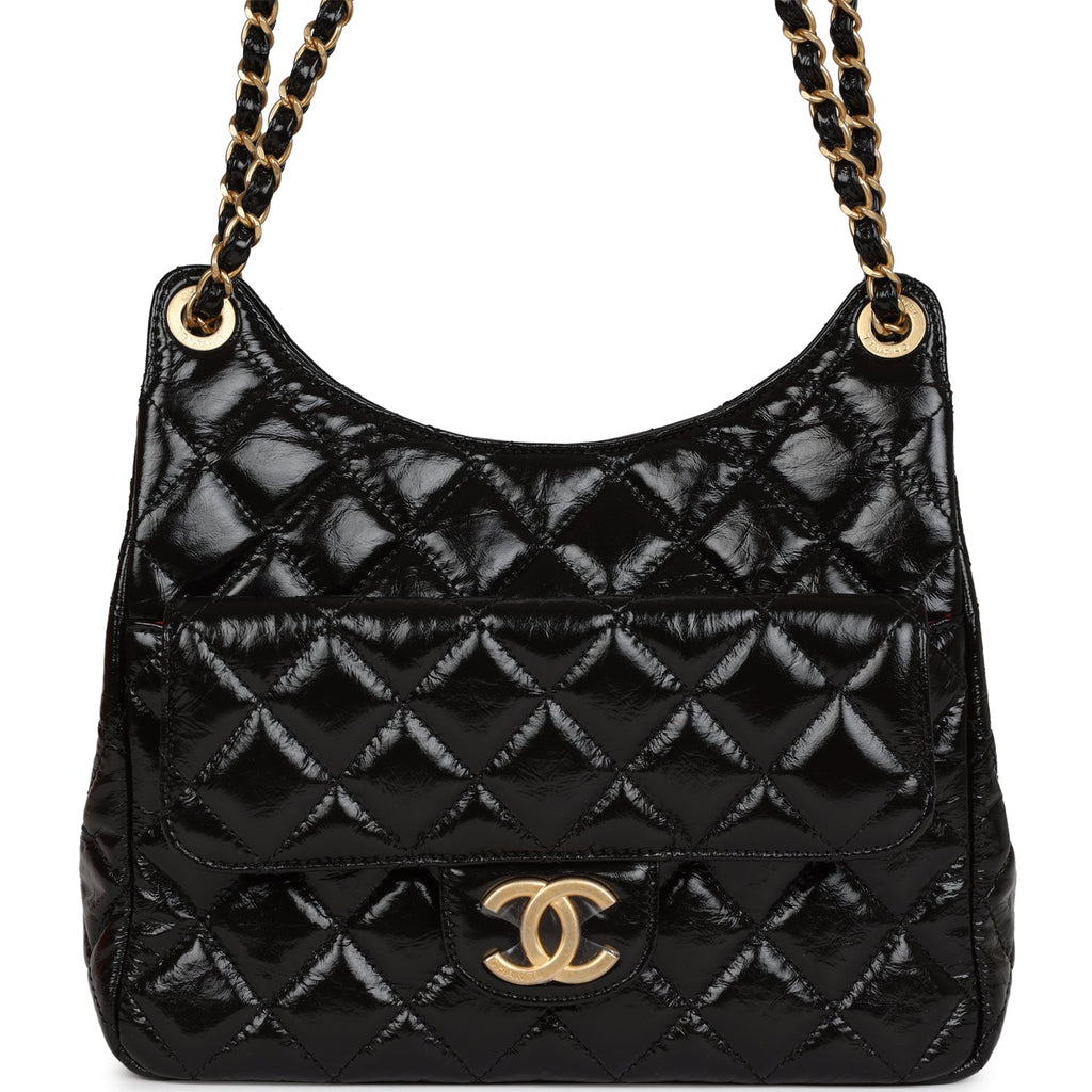 Chanel CC Hobo Bag Black Shiny Crumpled Calfskin Gold Hardware