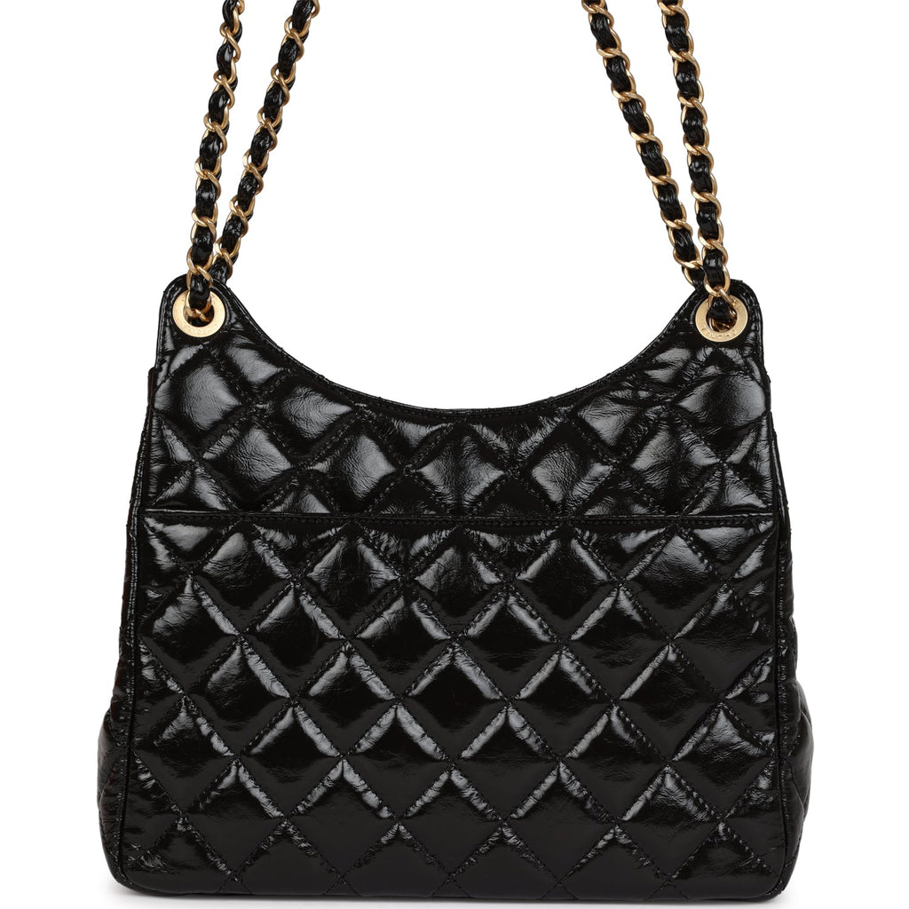Chanel CC Hobo Bag Black Shiny Crumpled Calfskin Gold Hardware