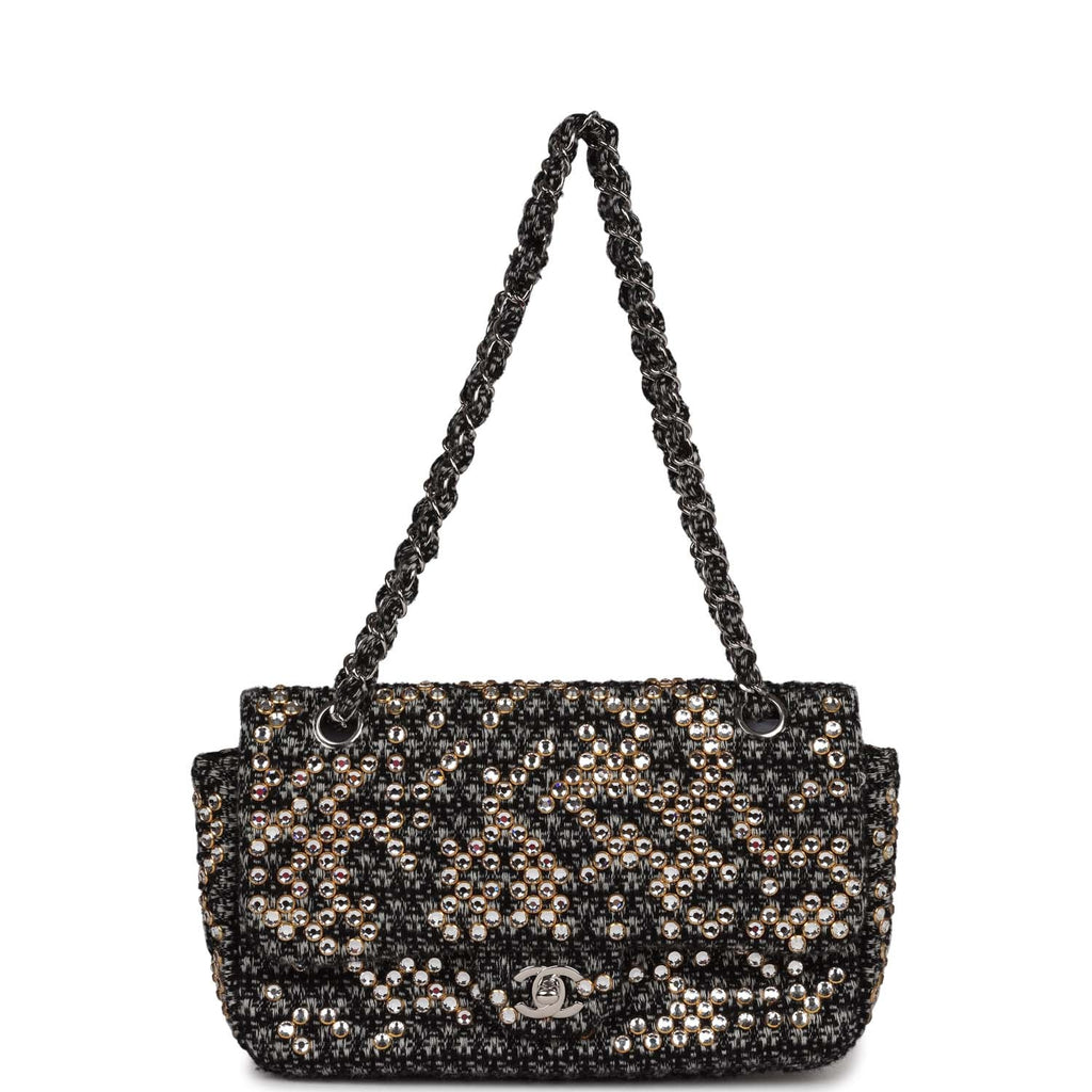 Chanel Medium Single Flap Black and White Tweed With Crystals Silver Hardware