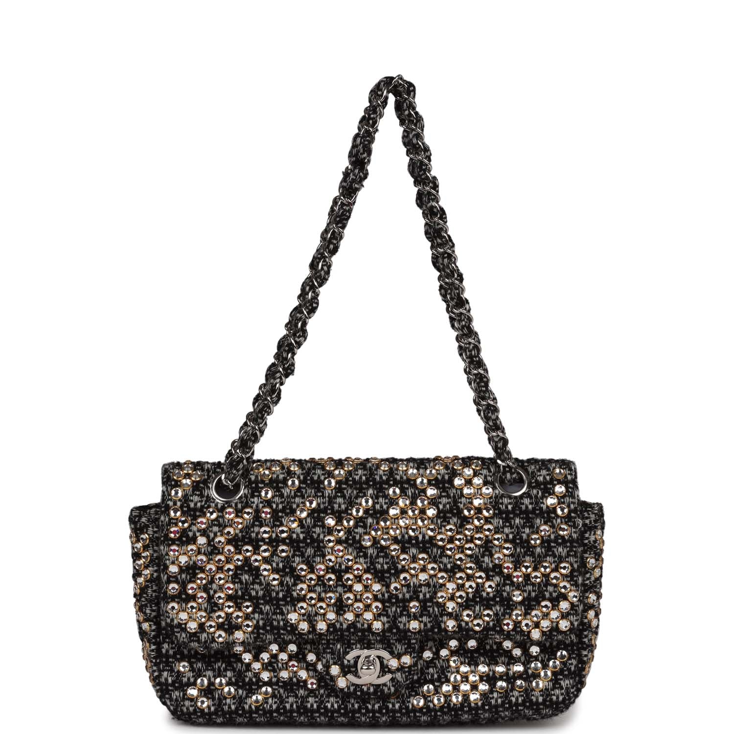 Chanel Medium Single Flap Black and White Tweed With Crystals Silver Hardware