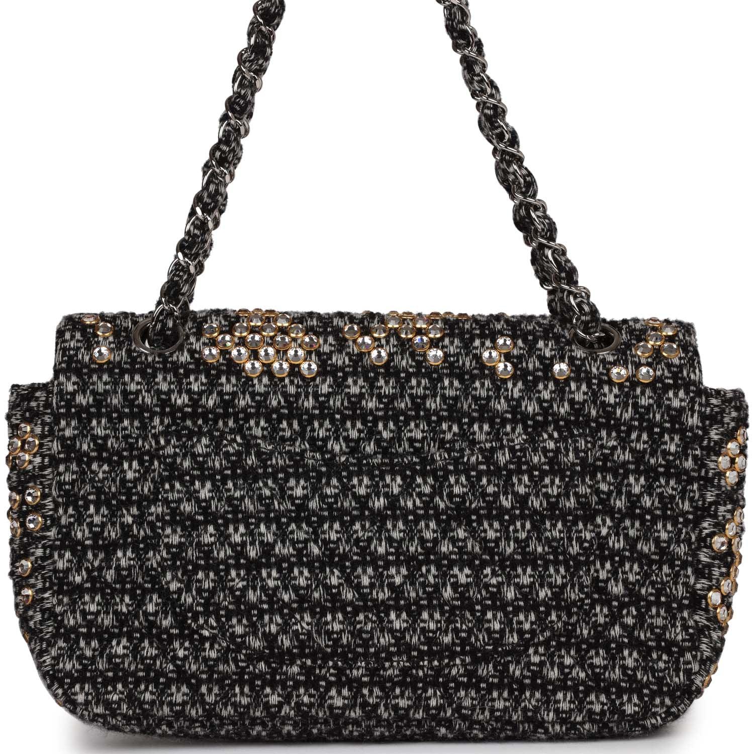 Chanel Medium Single Flap Black and White Tweed With Crystals Silver Hardware