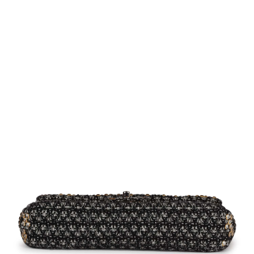Chanel Medium Single Flap Black and White Tweed With Crystals Silver Hardware