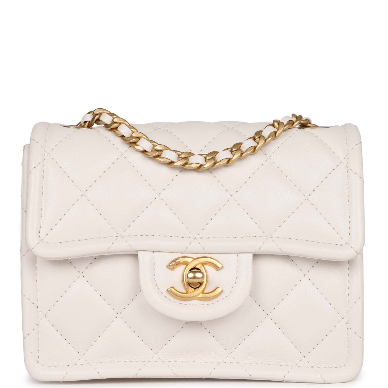 Chanel Mini Sweet Classic Flap White Caviar Aged Gold Hardware