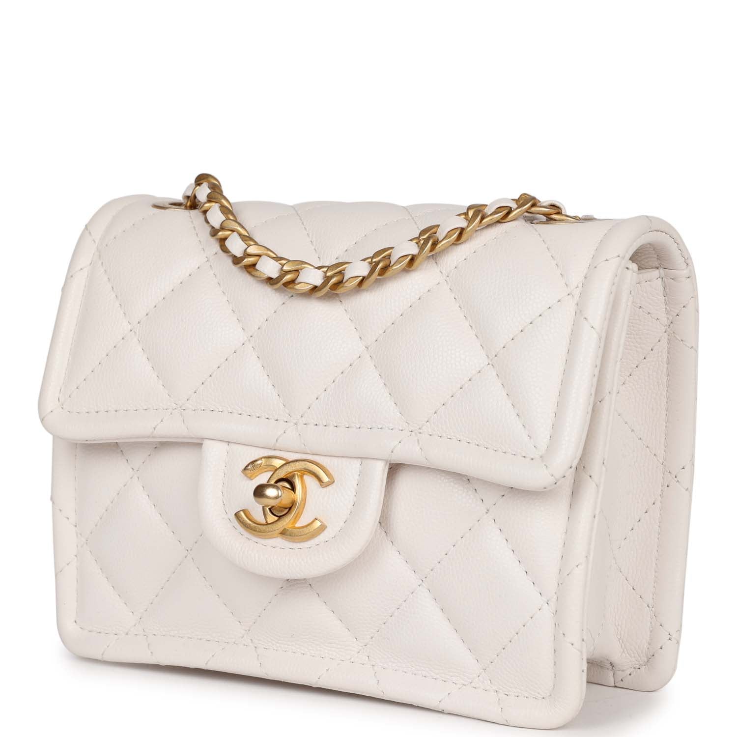 Chanel Mini Sweet Classic Flap White Caviar Aged Gold Hardware