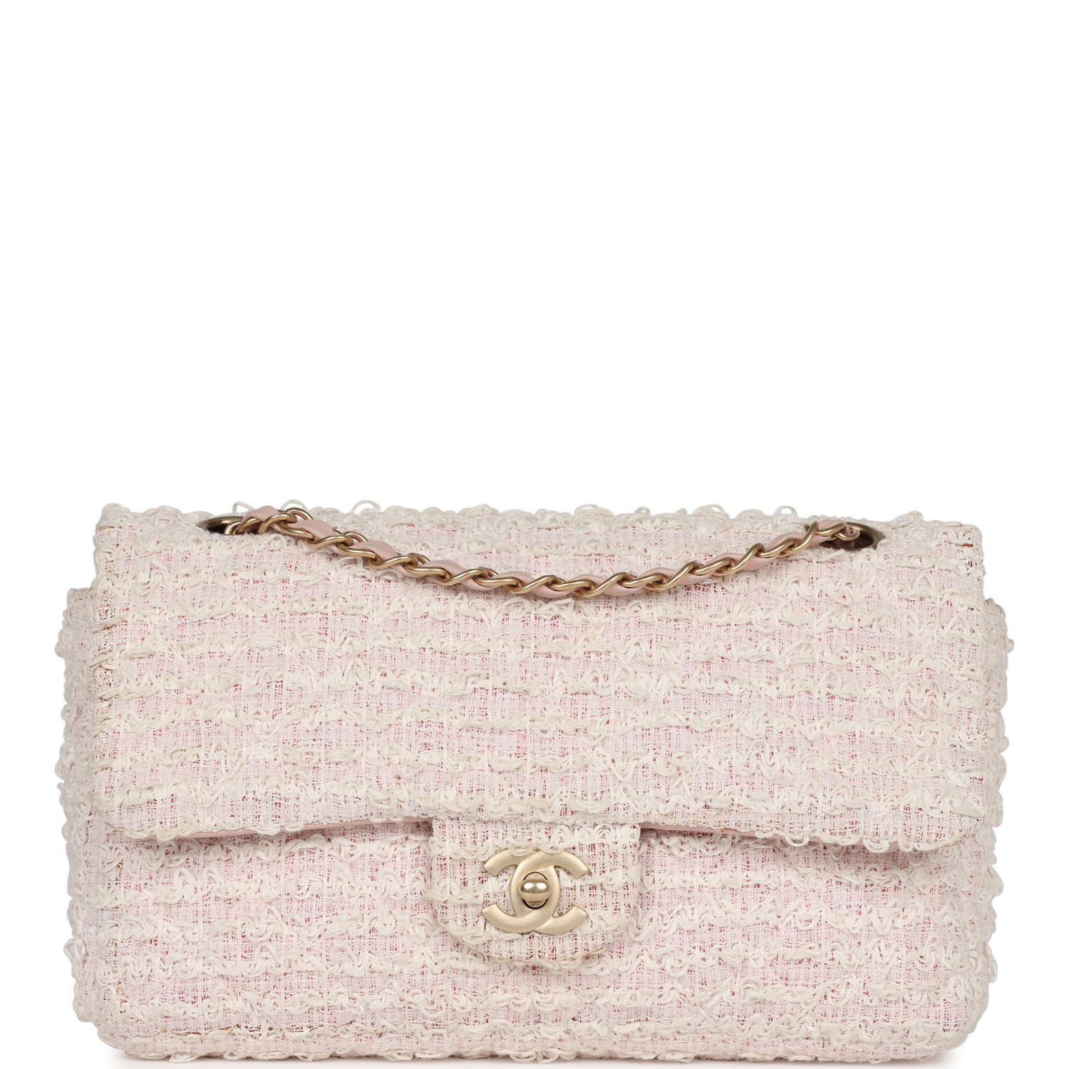Chanel Medium Single Flap Bag Pink and White Tweed Brushed Gold Hardware