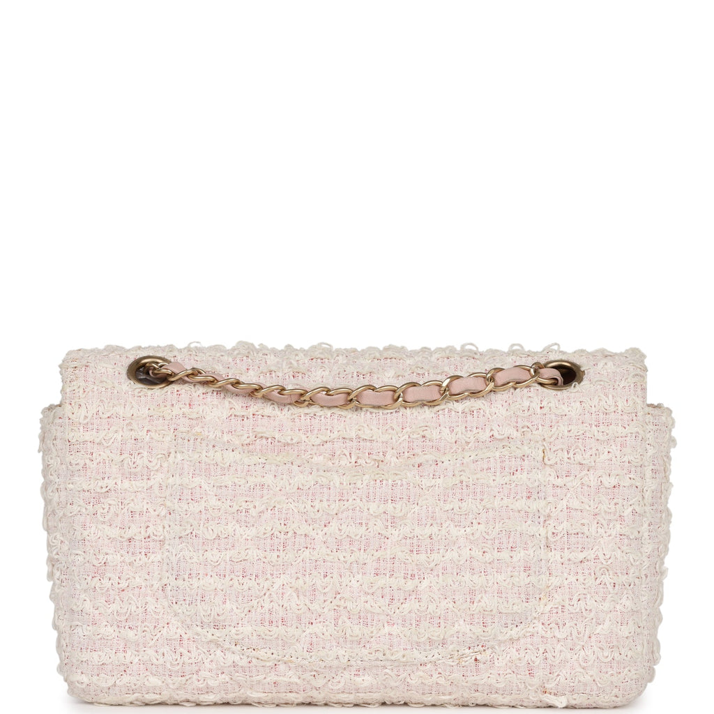 Chanel Medium Single Flap Bag Pink and White Tweed Brushed Gold Hardware