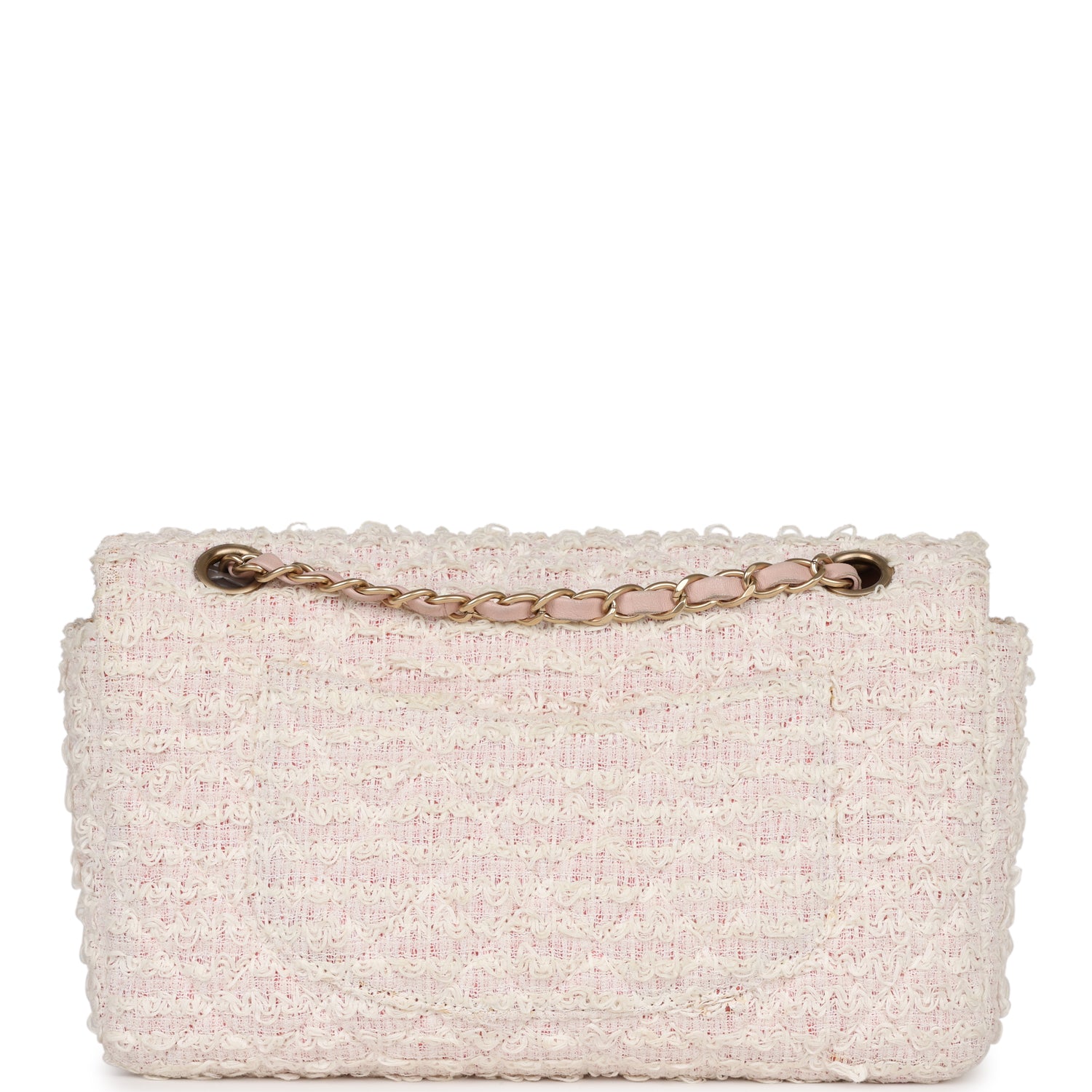 Chanel Medium Single Flap Bag Pink and White Tweed Brushed Gold Hardware