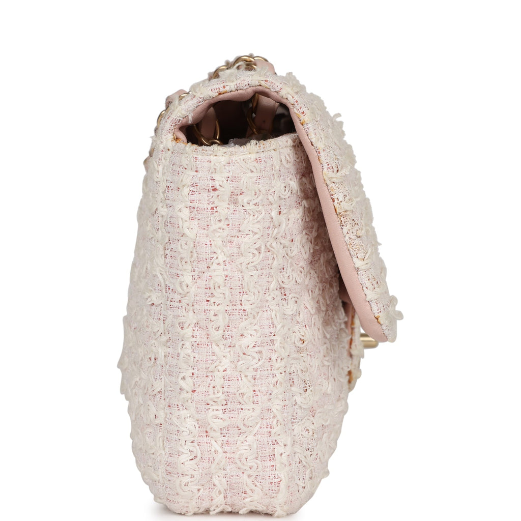 Chanel Medium Single Flap Bag Pink and White Tweed Brushed Gold Hardware