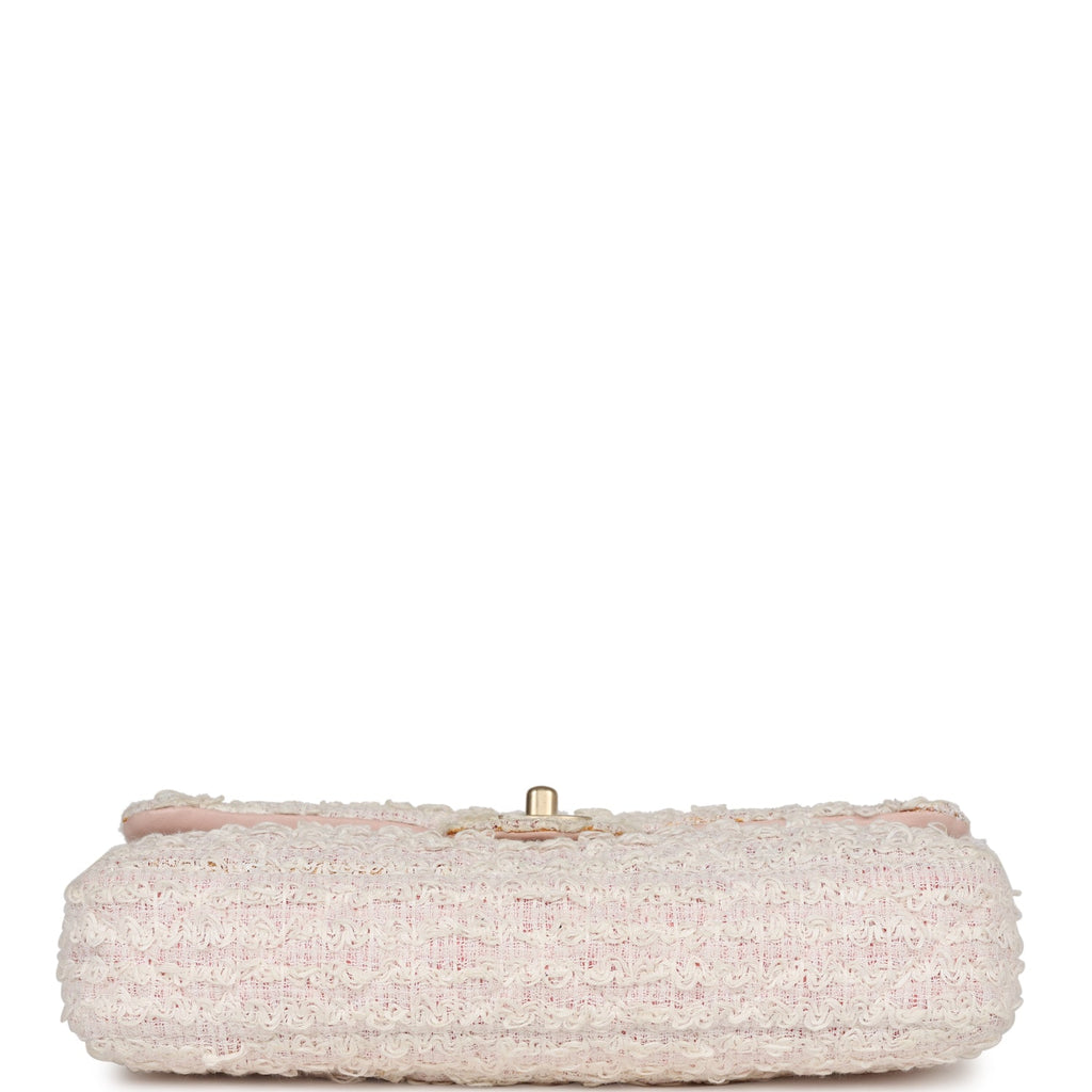 Chanel Medium Single Flap Bag Pink and White Tweed Brushed Gold Hardware