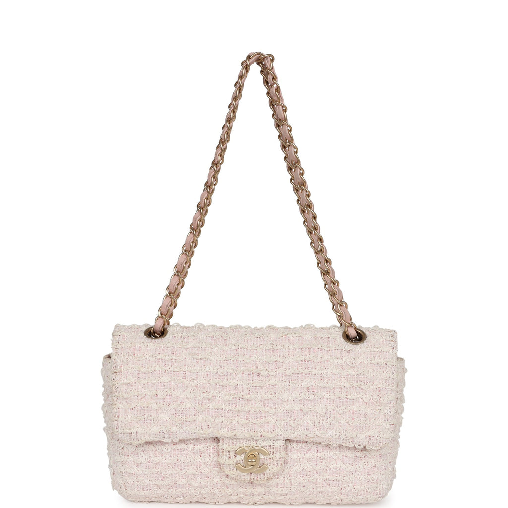 Chanel Medium Single Flap Bag Pink and White Tweed Brushed Gold Hardware