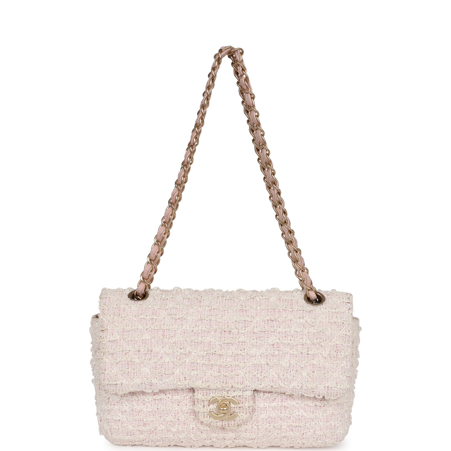 Chanel Medium Single Flap Bag Pink and White Tweed Brushed Gold Hardware