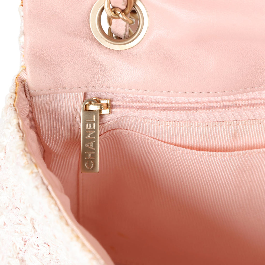 Chanel Medium Single Flap Bag Pink and White Tweed Brushed Gold Hardware