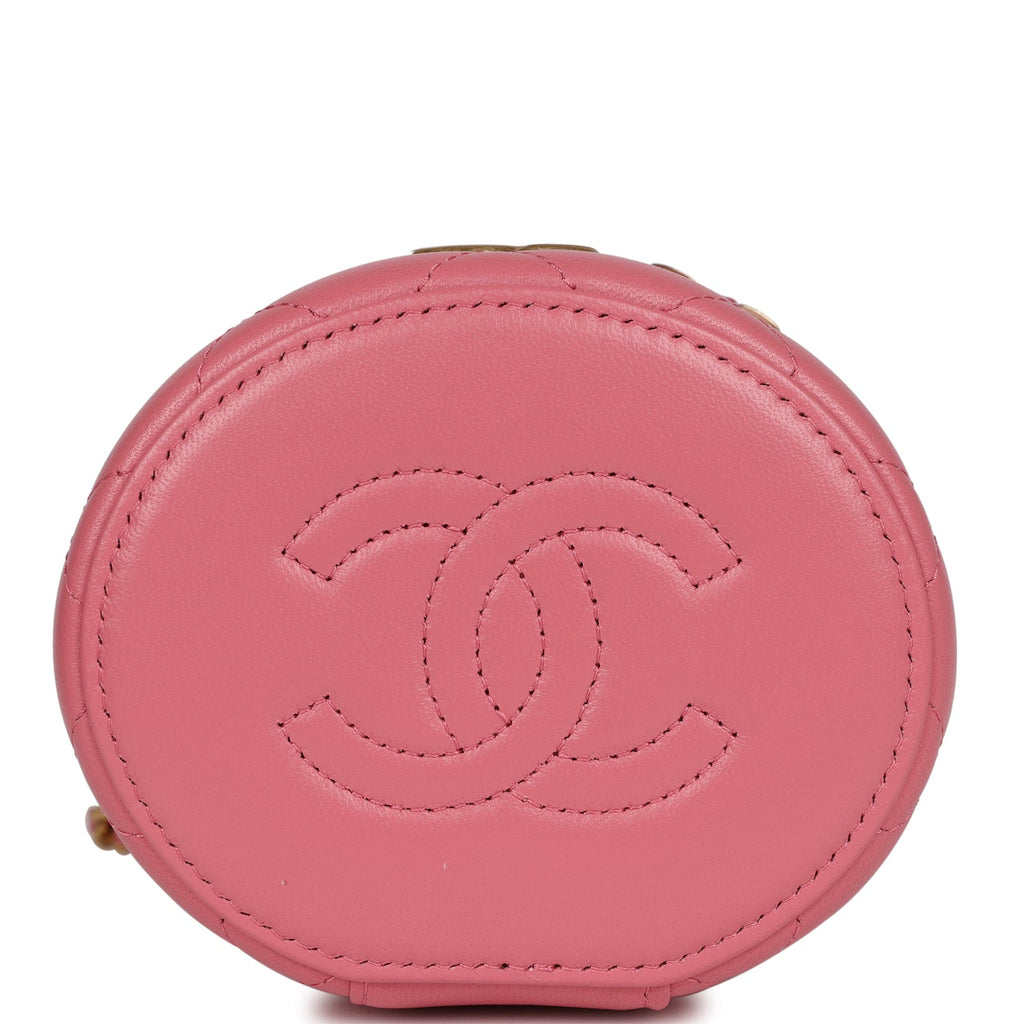 Chanel Mini Round Top Handle Vanity Case Dark Pink Lambskin Gold Hardware