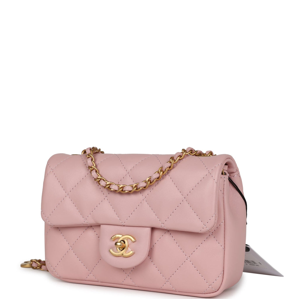 Chanel Mini Rectangular Flap Bag with Heart Chain Pink Lambskin Antique Gold Hardware