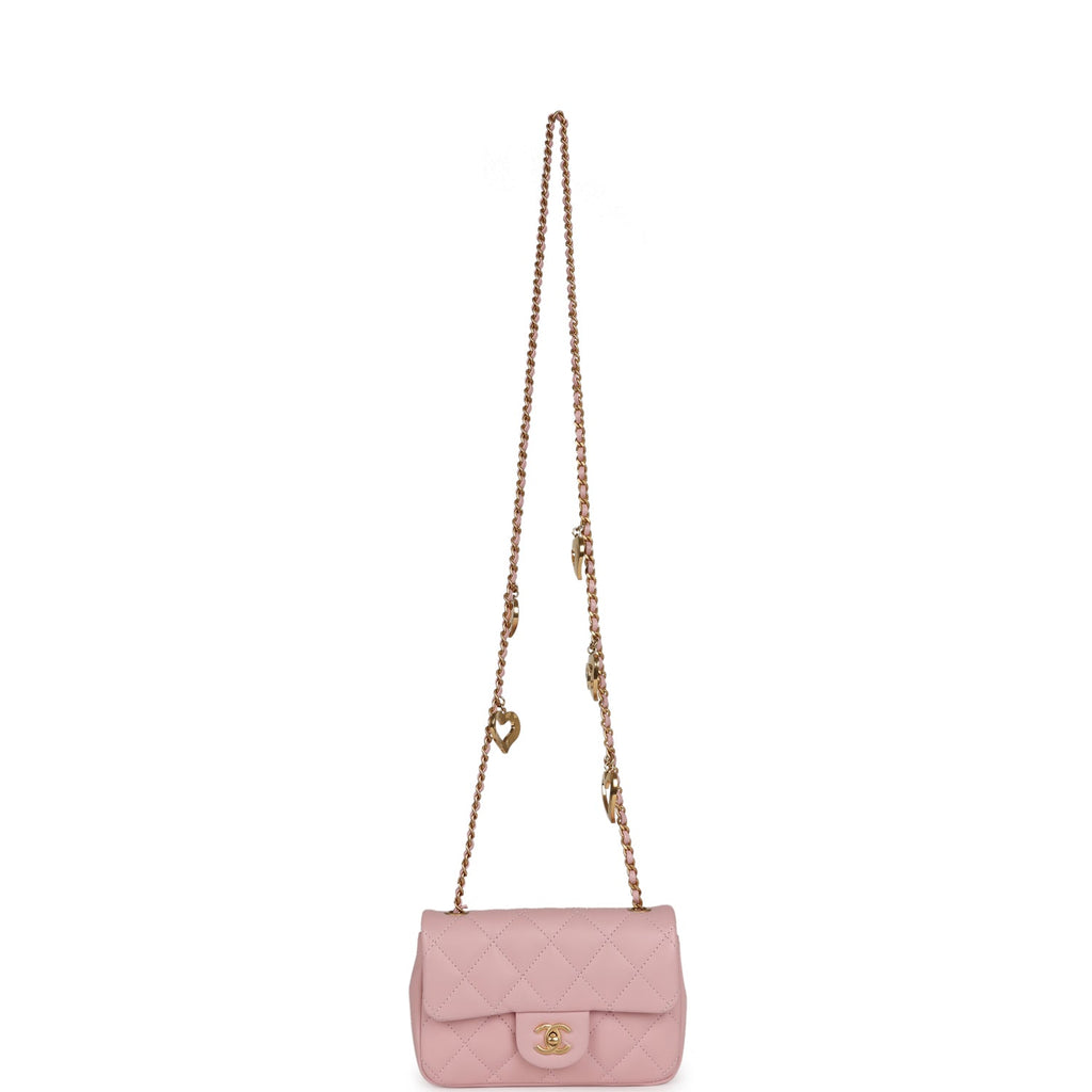 Chanel Mini Rectangular Flap Bag with Heart Chain Pink Lambskin Antique Gold Hardware