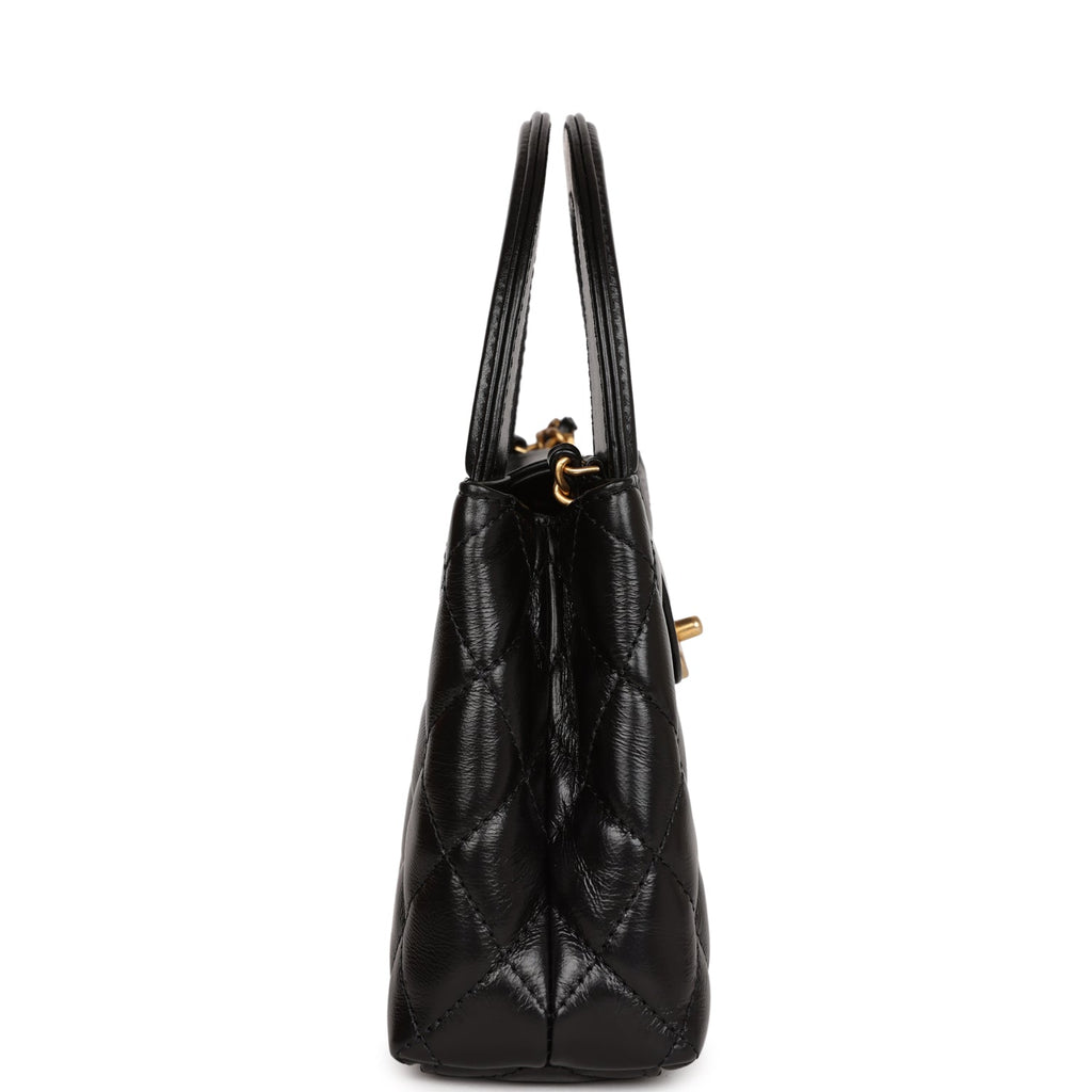 Chanel Small Kelly Shopper Black Shiny Aged Calfskin Brushed Gold Hardware