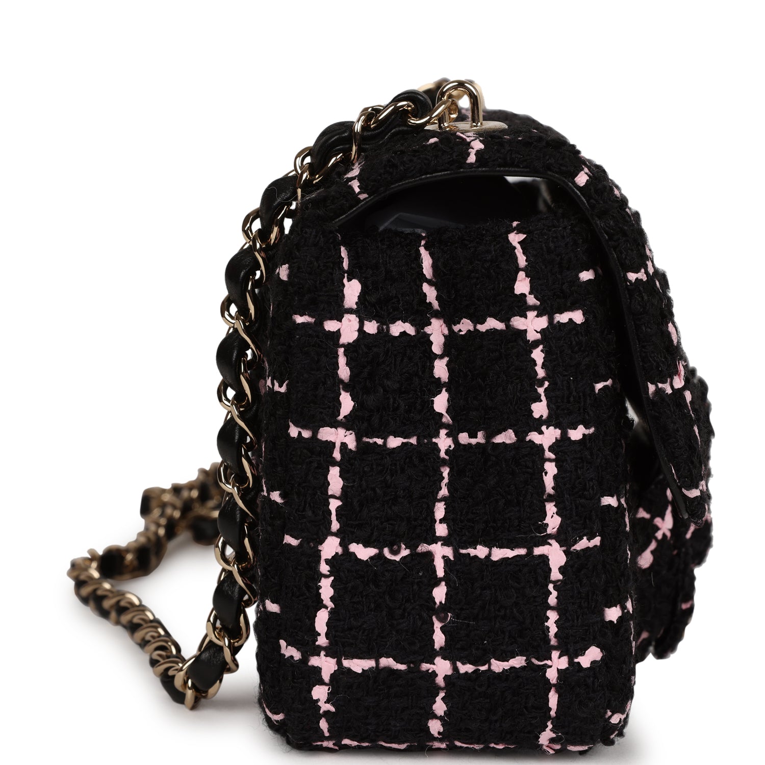 Chanel Mini Camellia Closure Flap Black and Pink Tweed Gold Hardware