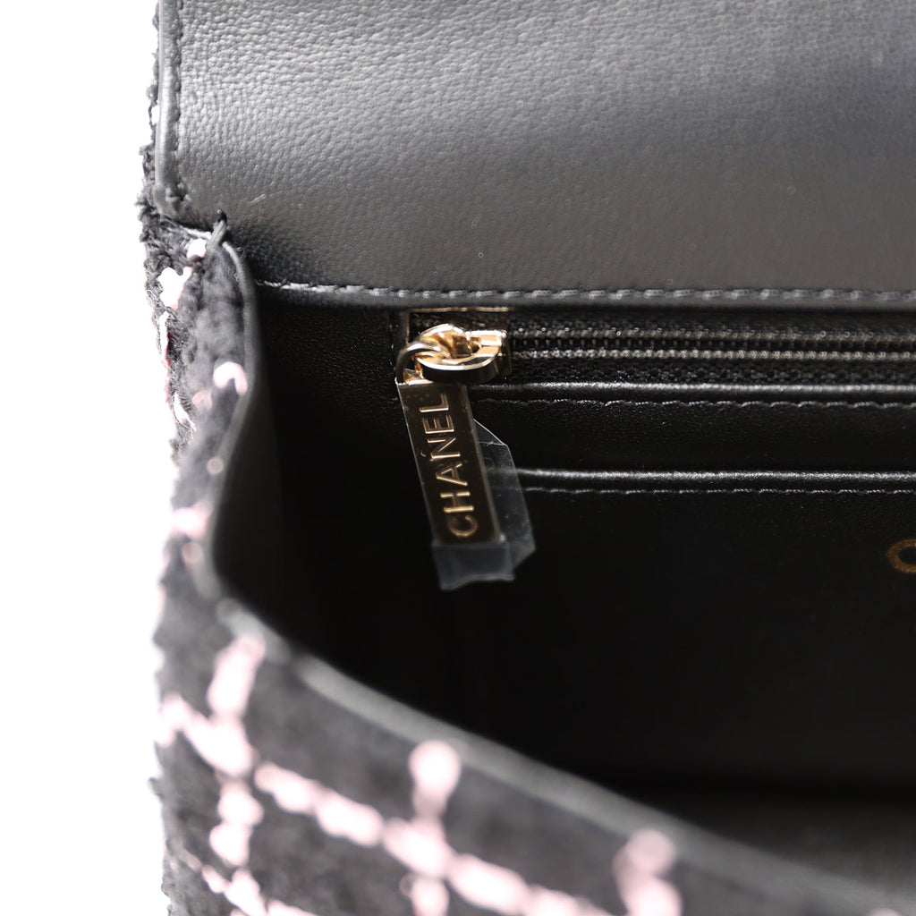 Chanel Mini Camellia Closure Flap Black and Pink Tweed Gold Hardware