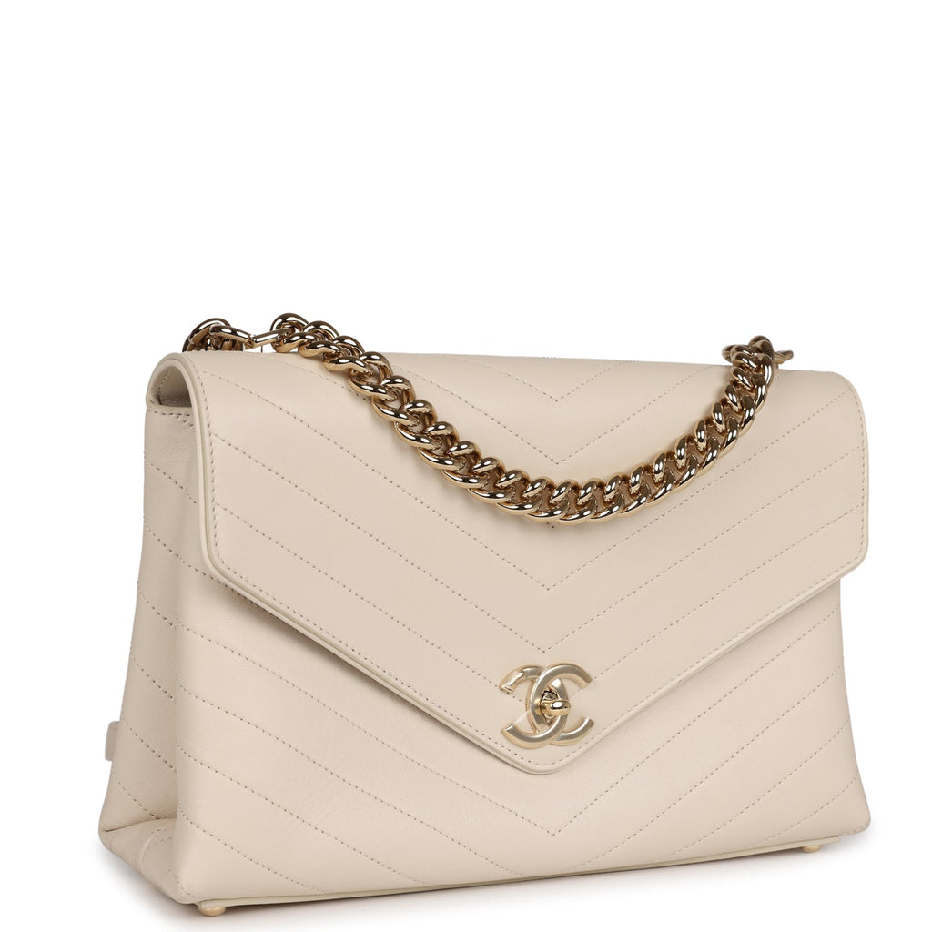 Chanel Coco Chevron Flap Bag Ivory Lambskin Light Gold Hardware