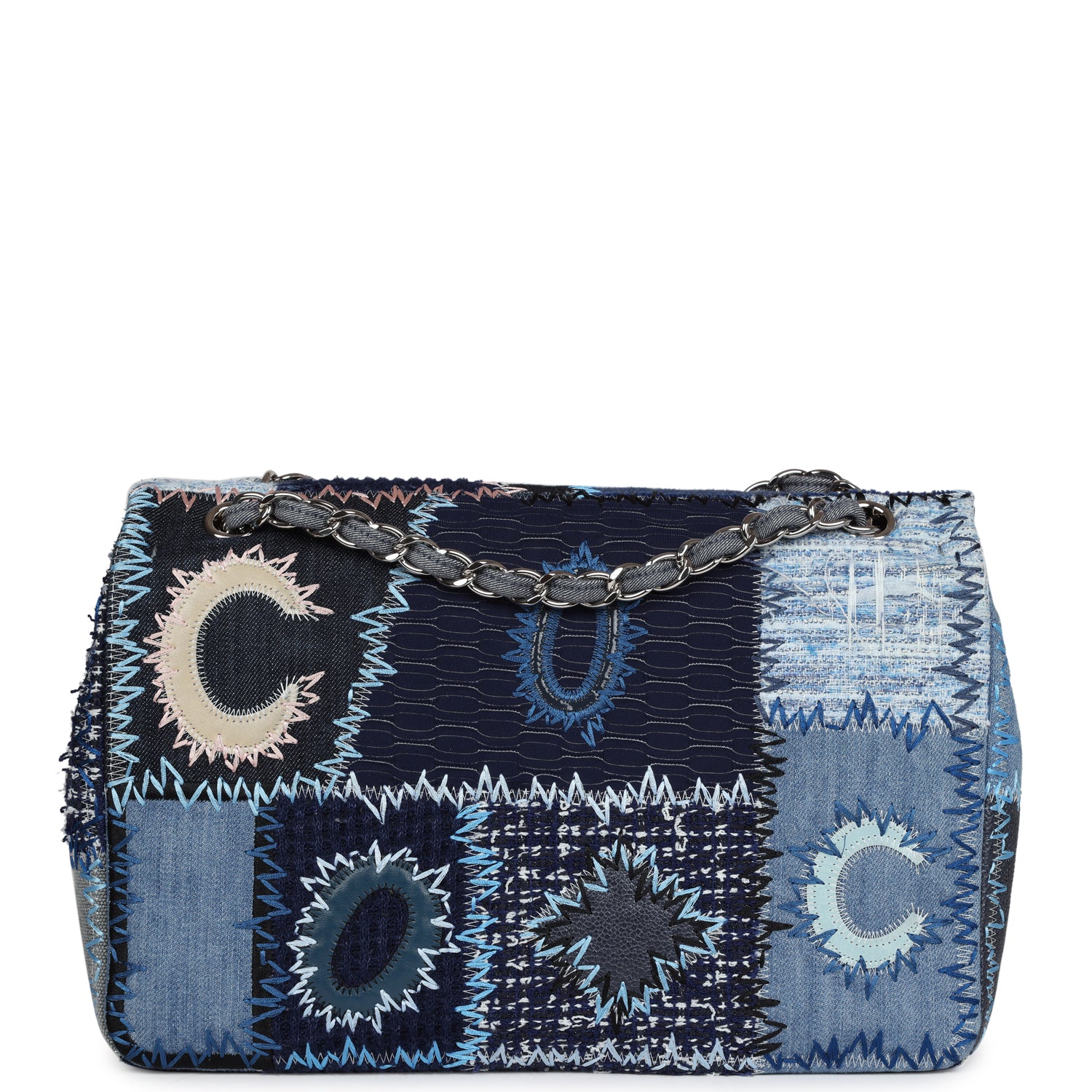 Chanel Jumbo Flap Bag Blue Patchwork Denim Silver Hardware