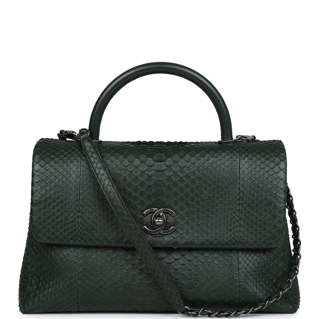 Chanel Medium Coco Handle Flap Bag Dark Green Python Ruthenium Hardware