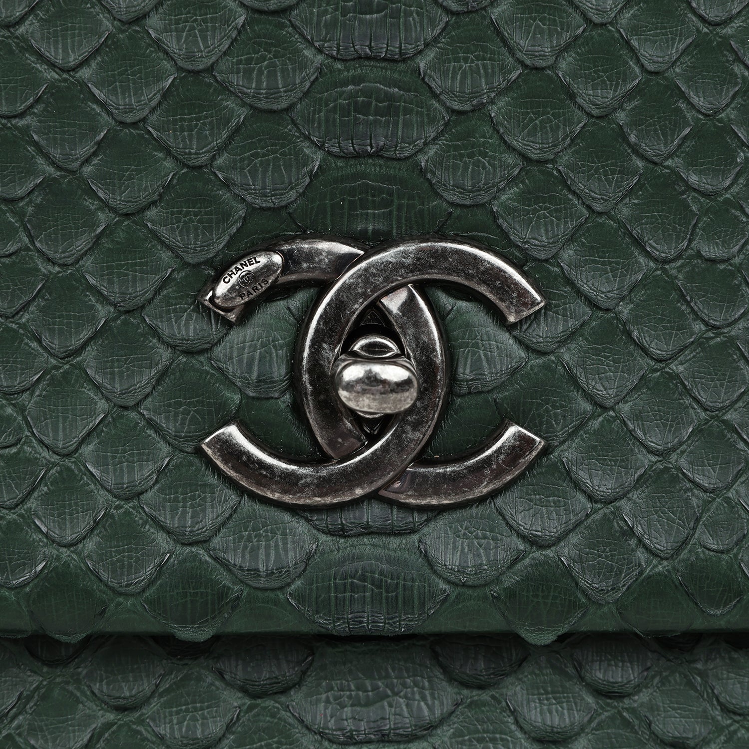 Chanel Medium Coco Handle Flap Bag Dark Green Python Ruthenium Hardware