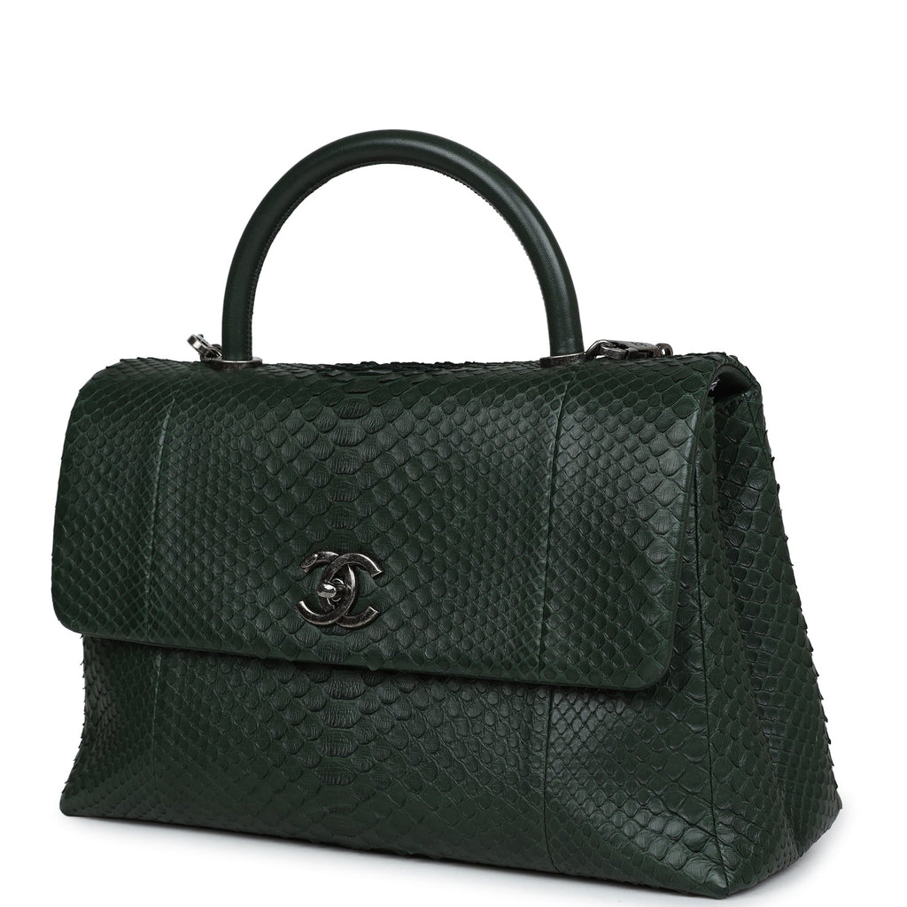Chanel Medium Coco Handle Flap Bag Dark Green Python Ruthenium Hardware
