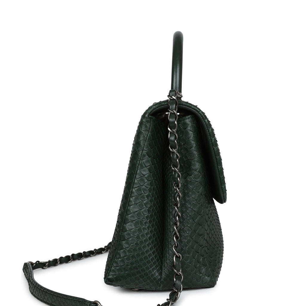 Chanel Medium Coco Handle Flap Bag Dark Green Python Ruthenium Hardware