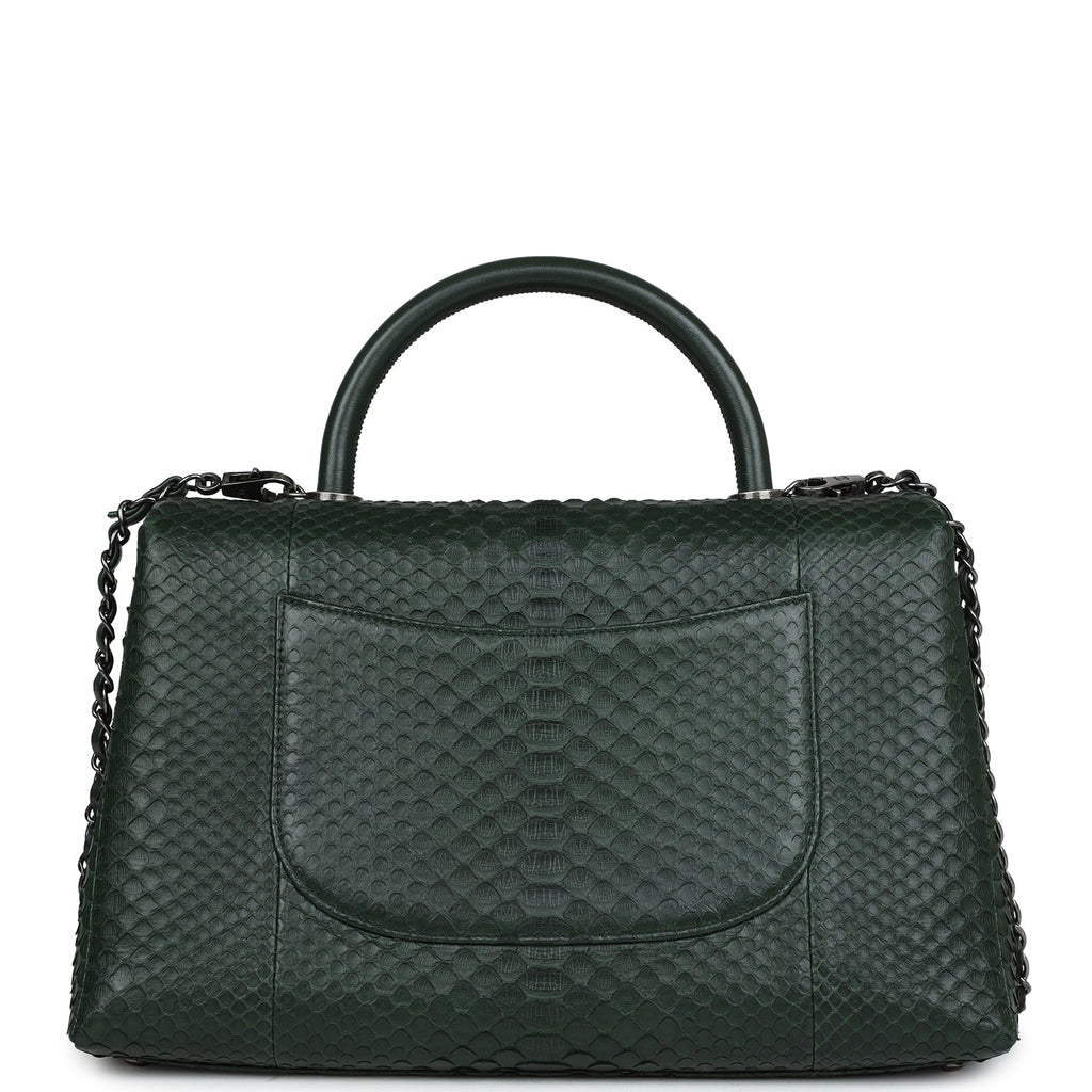 Chanel Medium Coco Handle Flap Bag Dark Green Python Ruthenium Hardware