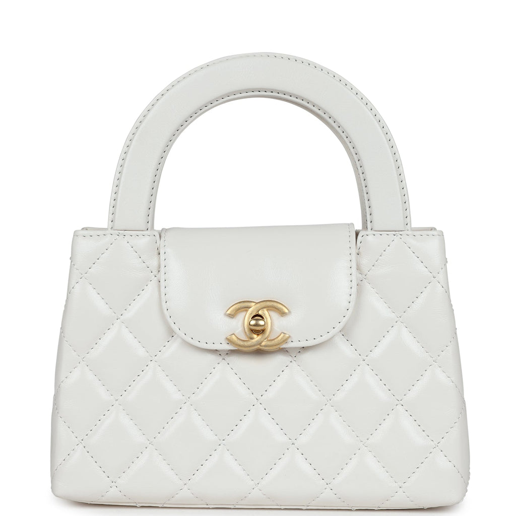 Chanel Small Kelly Shopper White Shiny Aged Calfskin Brushed Gold Hardware