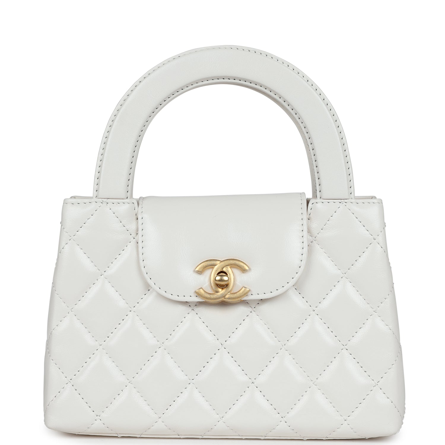 Chanel Small Kelly Shopper White Shiny Aged Calfskin Brushed Gold Hardware