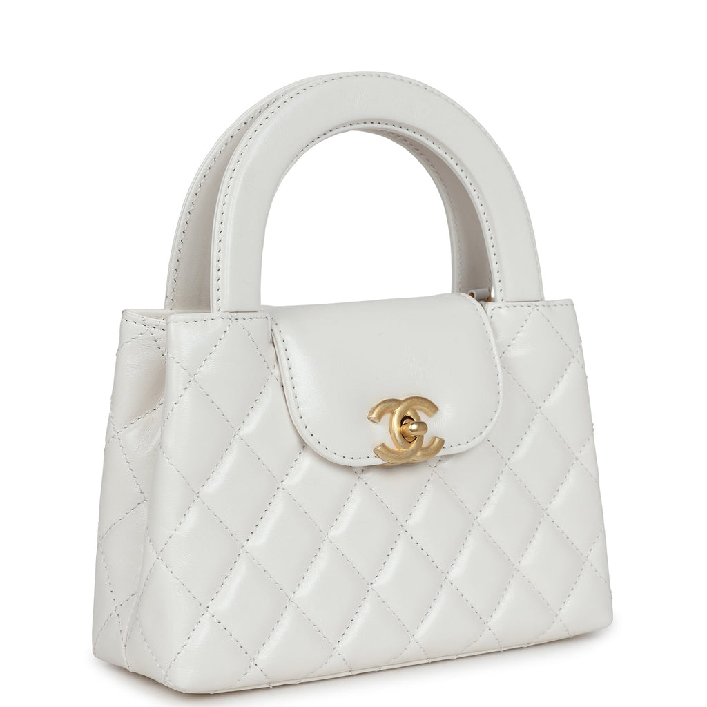 Chanel Small Kelly Shopper White Shiny Aged Calfskin Brushed Gold Hardware