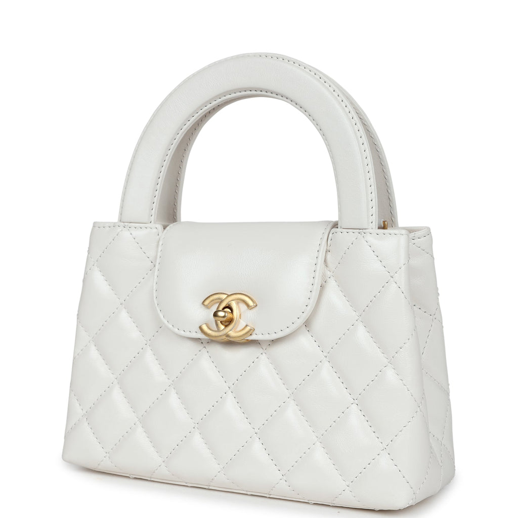 Chanel Small Kelly Shopper White Shiny Aged Calfskin Brushed Gold Hardware