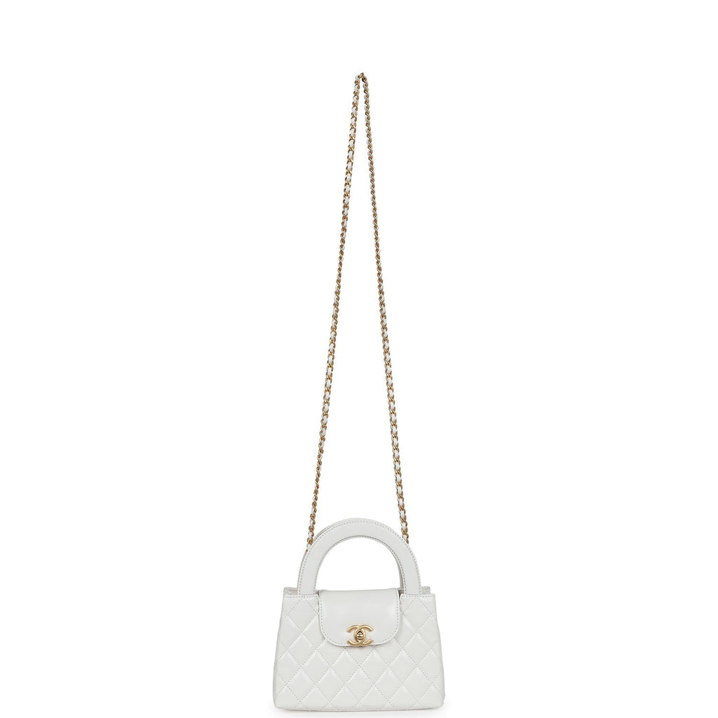 Chanel Small Kelly Shopper White Shiny Aged Calfskin Brushed Gold Hardware
