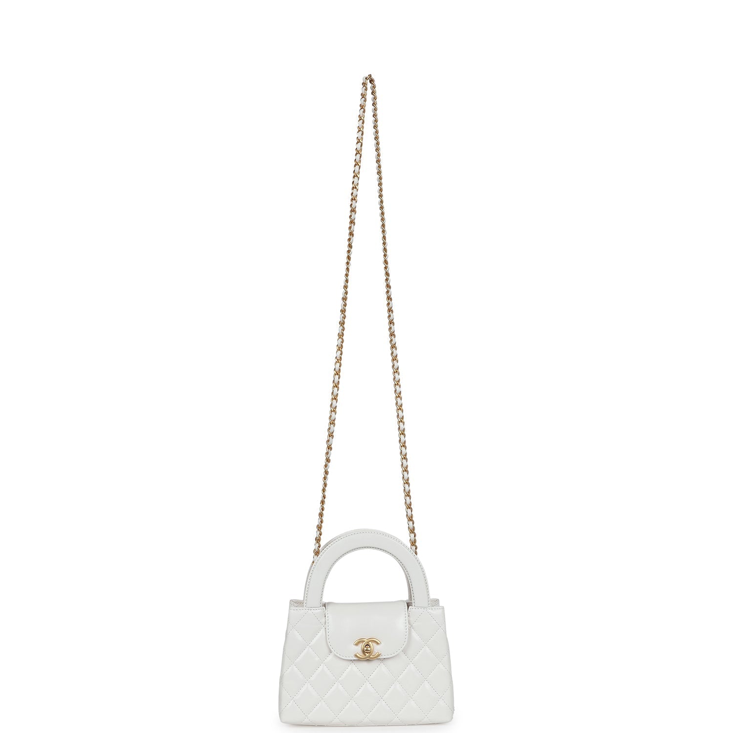 Chanel Small Kelly Shopper White Shiny Aged Calfskin Brushed Gold Hardware