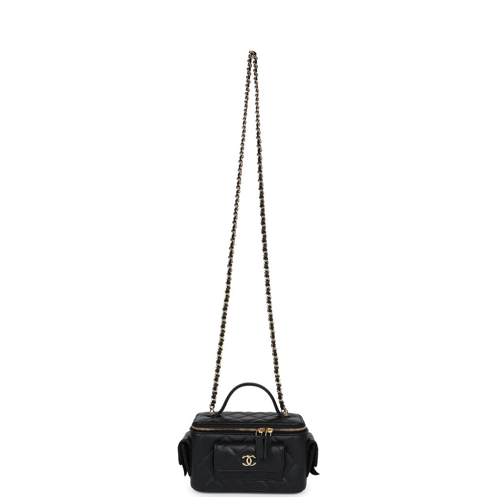 Chanel Mini Pocket Vanity Top Handle Case Black Caviar Gold Hardware