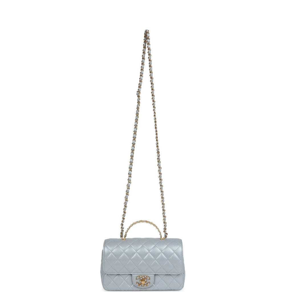 Chanel Mini Rectangular Flap Bag with Top Handle Grey Lambskin Antique Gold Hardware