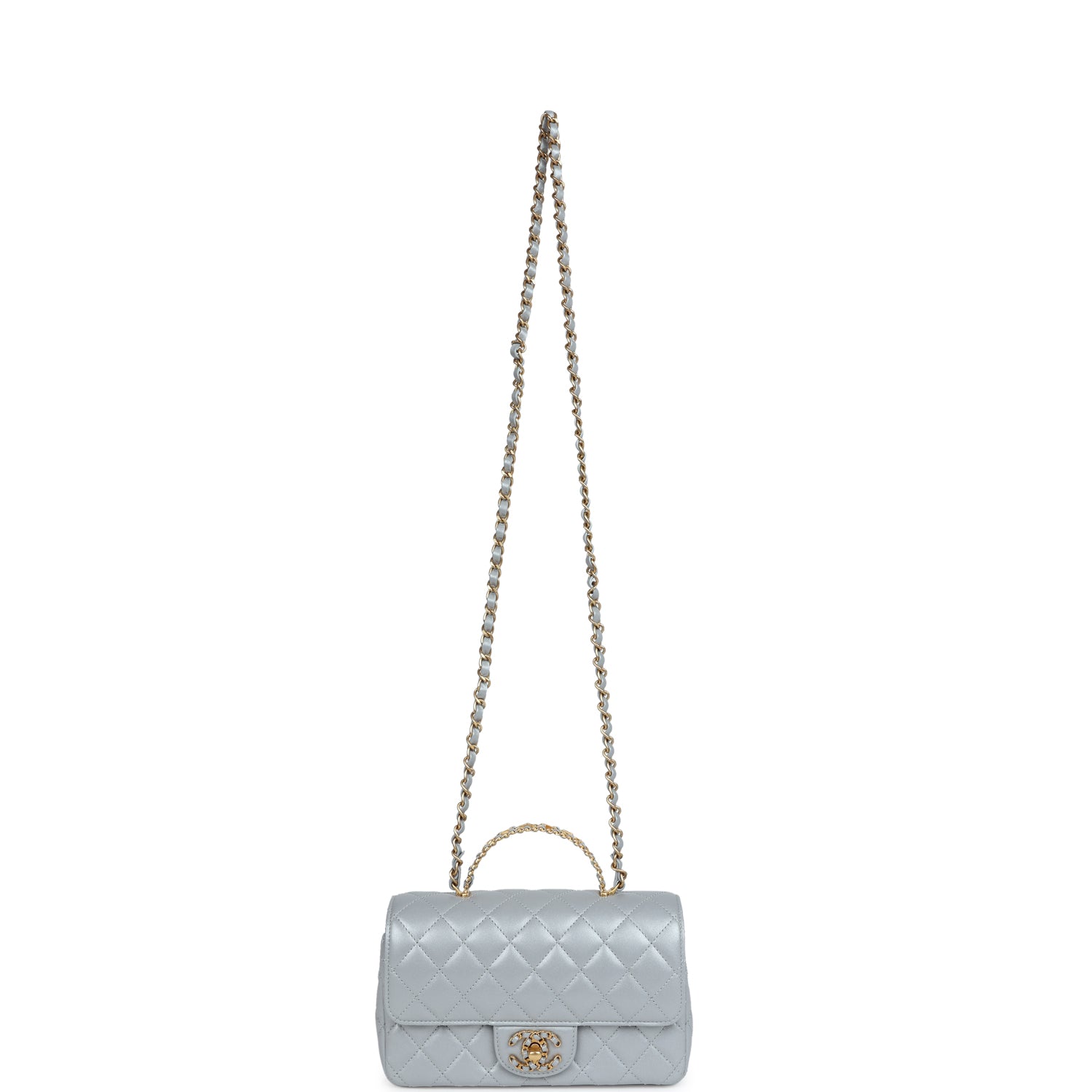 Chanel Mini Rectangular Flap Bag with Top Handle Grey Lambskin Antique Gold Hardware