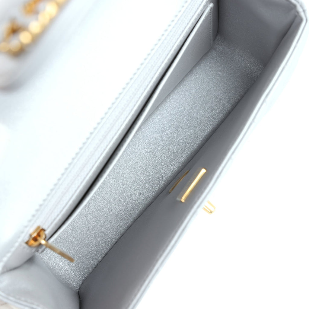 Chanel Mini Rectangular Flap Bag with Top Handle Grey Lambskin Antique Gold Hardware