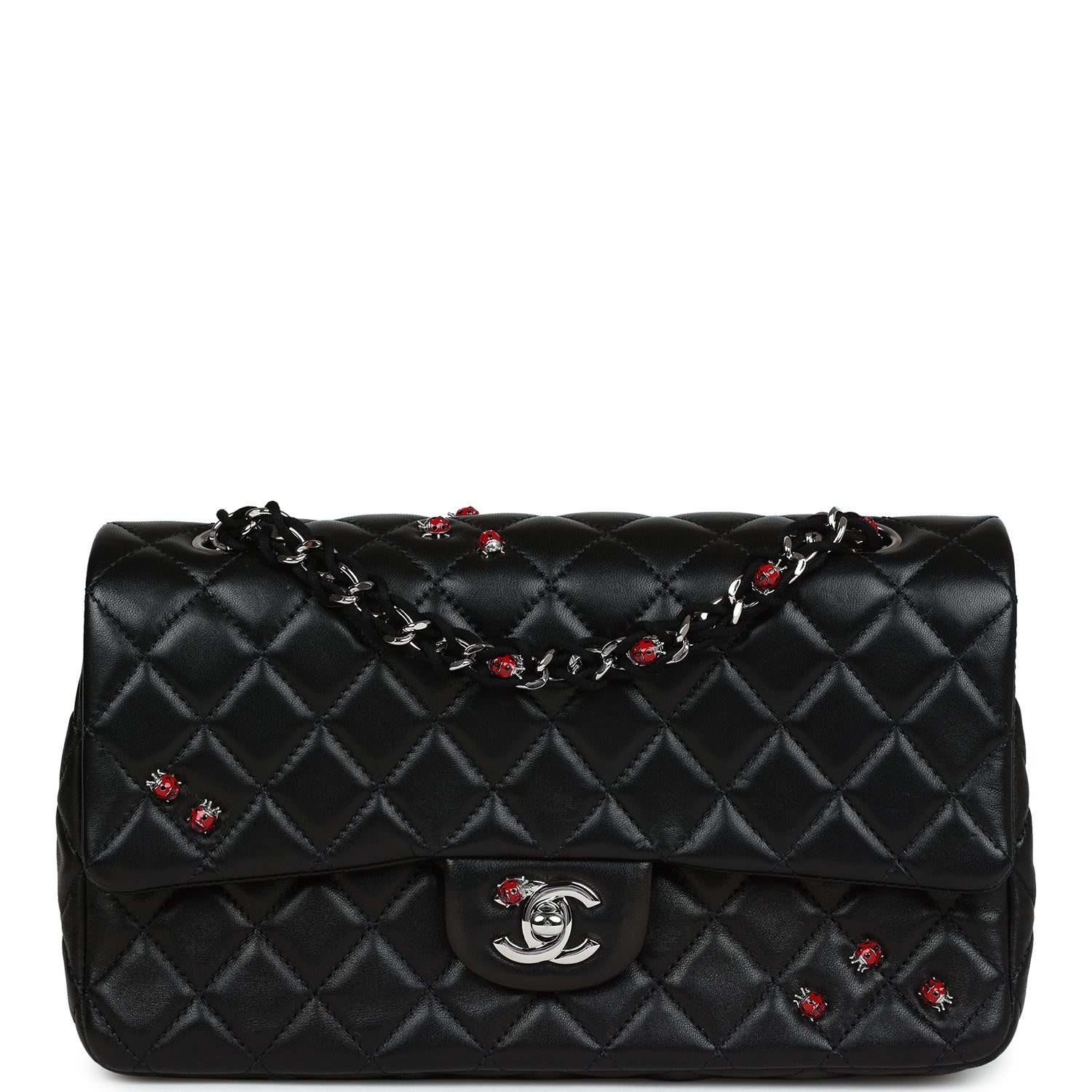 Chanel Medium Lady Bug Single Flap Bag Black Lambskin Silver Hardware